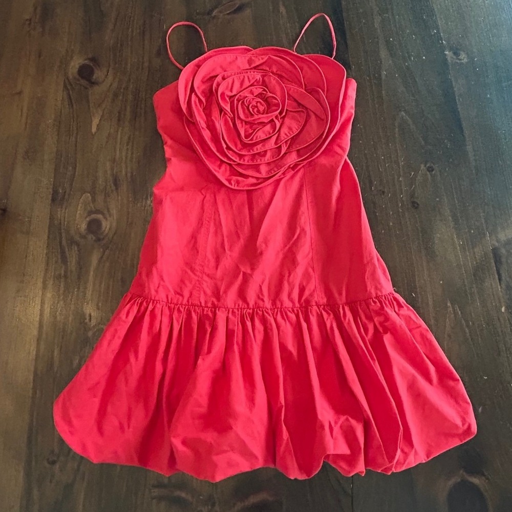 Farm Rio Rosette Balloon Mini Athropologie Dress Small Red 3D Floral Bubble Hem - Picture 5 of 14